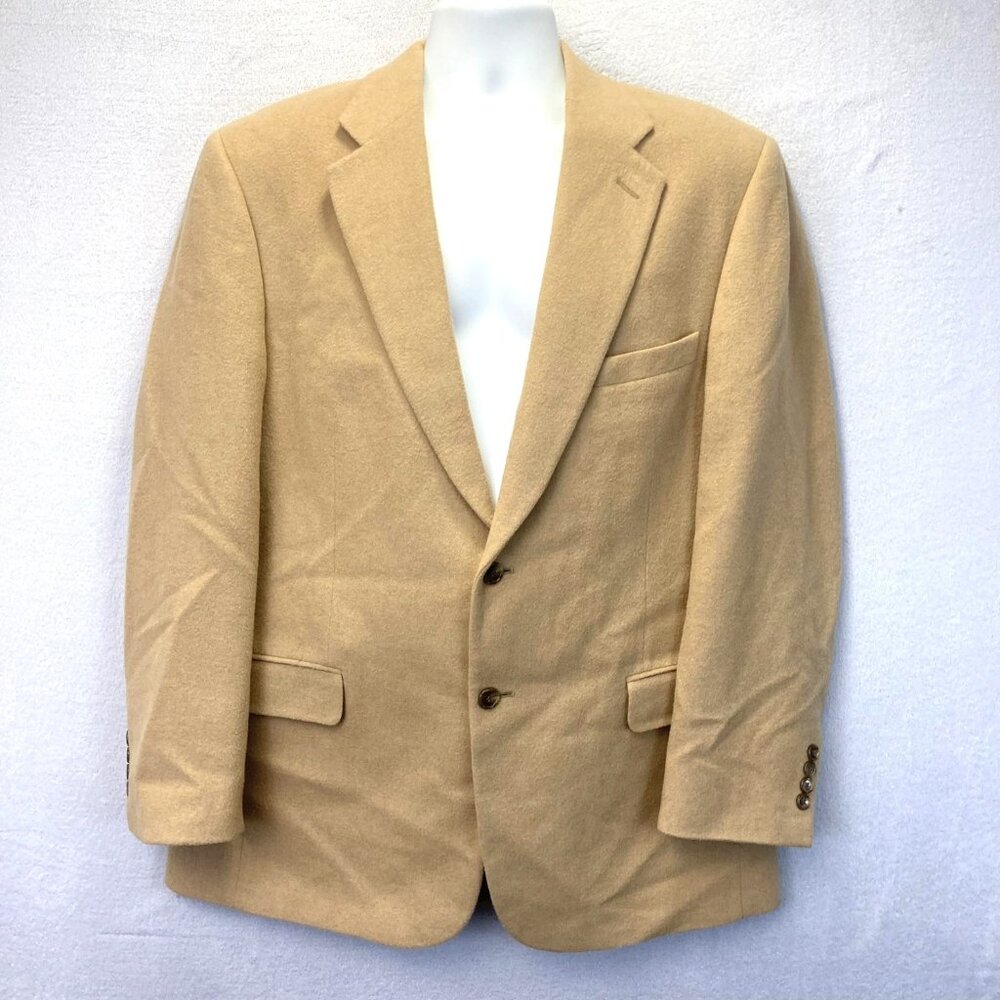 Vintage Bill Blass 100% Camel Hair Sport Coat Blazer Mens 43R Tan Quiet Luxury